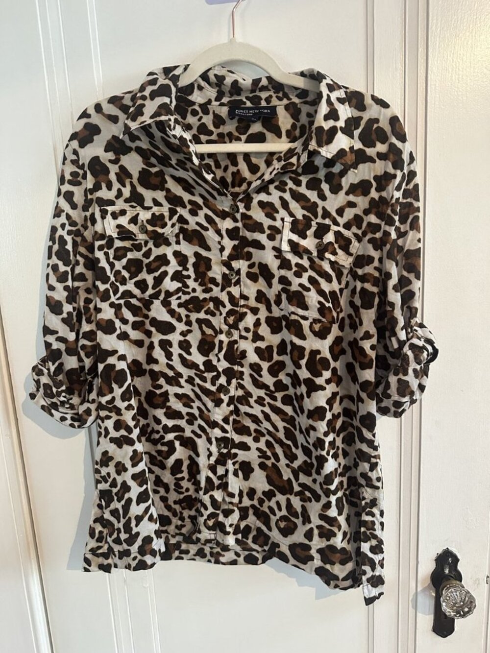 Jones New York Signature Women's Leopard Print Button-Up Blouse XL Cotton